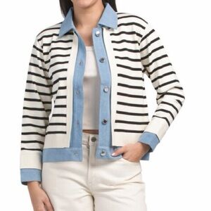 Nanette Lepore Striped Knit Jacket Cardigan Blue & Cream Size Large